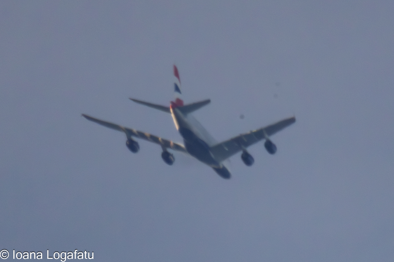 Airplane gliding through a hazy sky at twilight